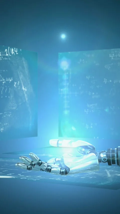 Animation of mathematical formulas on screens and robot hand over black Stock Footage 344524473