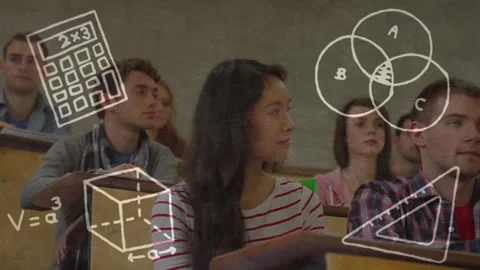 Animation of mathematics concept icons over mathematics children wearing face Stock Footage 330775836
