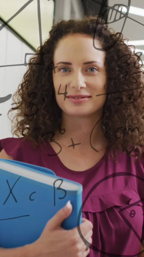 Animation of maths calculations and geometry over happy female teacher in school Stock Footage 343640940