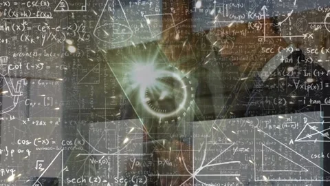 Animation of maths calculations, circular scope and starbursts moving over Stock Footage 156241850