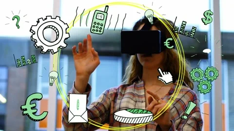 Animation of media and function icons on interface, over woman in vr headset Stock Footage 156189247