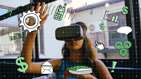 Animation of media and function icons, over woman in vr headset gesturing, using Stock Footage 156189410