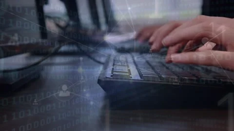 Animation of media binary coding over scientist using computer Stock Footage 328593130