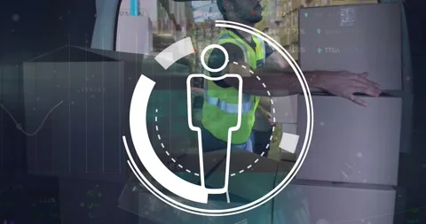 Animation of media icon and data processing over caucasian male worker packing Stock Footage 328642298