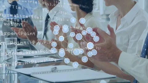 Animation of media icons and data processing over diverse colleagues clapping Stock Footage 266177344