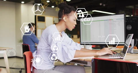 Animation of media icons and data processing over diverse colleagues working in Video stock 308987600