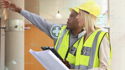Animation of media icons and data over diverse workers talking at building site Vídeos de archivo 309903113