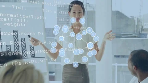 Animation of media icons and data processing over diverse colleagues discussing Stock Footage 330587725