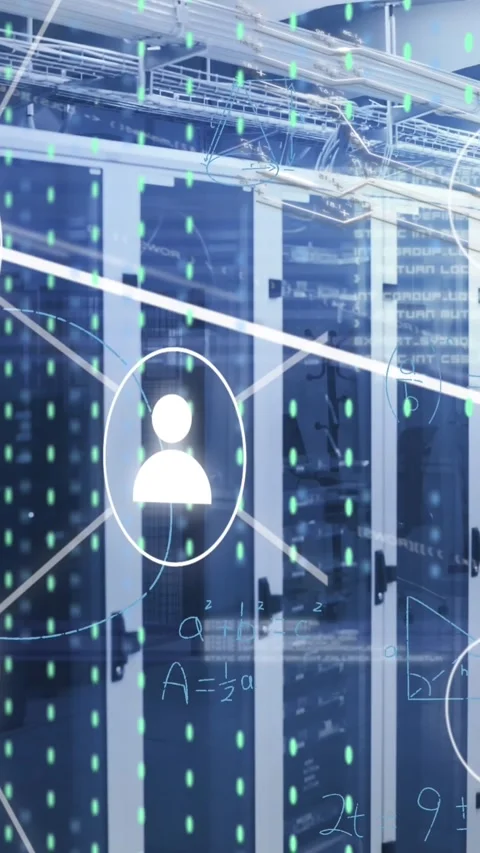 Animation of media icons and data processing over server room Stock Footage 343608667