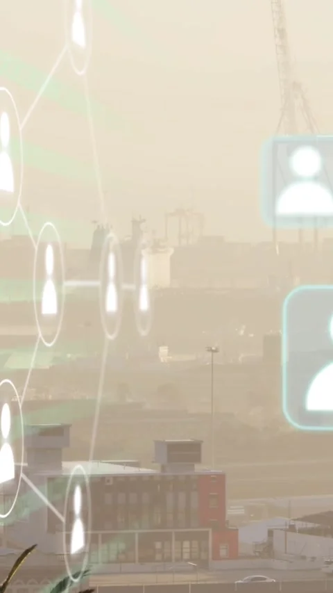 Animation of media icons and data processing over cityscape Stock Footage 343640820