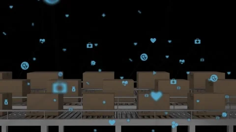 Animation of media icons over boxes on conveyor belt Stock Footage 221290286