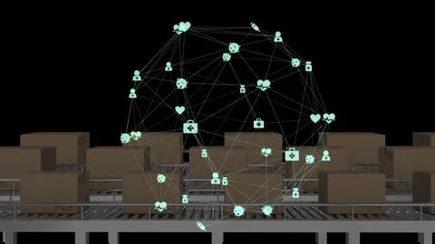 Animation of media icons over boxes on conveyor belt Stock Footage 327277199