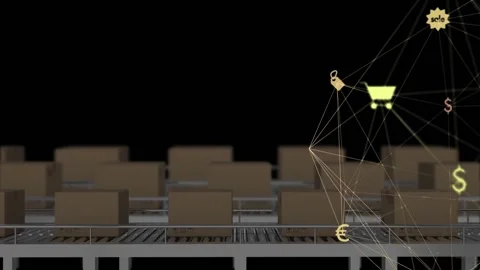 Animation of media icons over boxes on conveyor belt Stock Footage 328588383