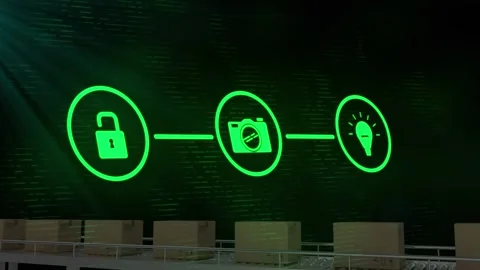 Animation of media icons over boxes on conveyor belt Stock Footage 328648402