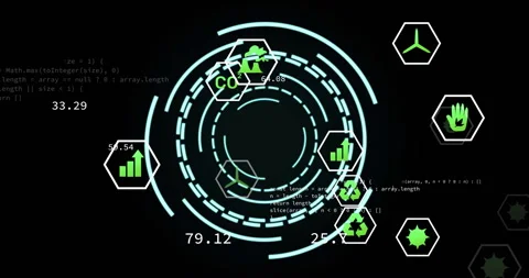 Animation of media icons over data processing and scope scanning Video stock 309078735