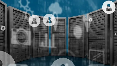 Animation of media icons over server roo... | Stock Video | Pond5