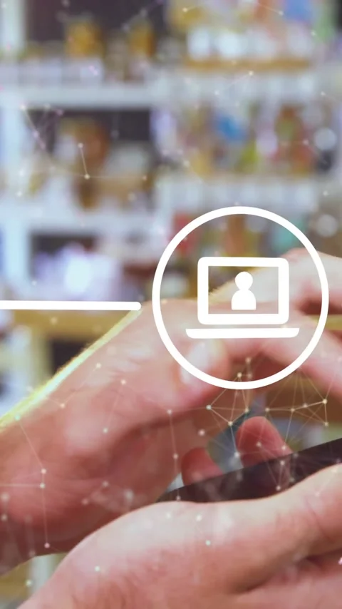 Animation of media network and connections over caucasian man in shop using Stock Footage 344370237