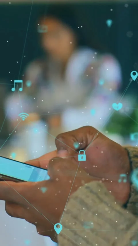 Animation of media network over hands of african american man using smartphone Stock Footage 344370228