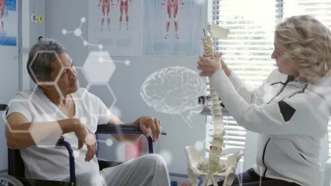 Animation of medical data over diverse female physio showing senior male patient Видео 266975974