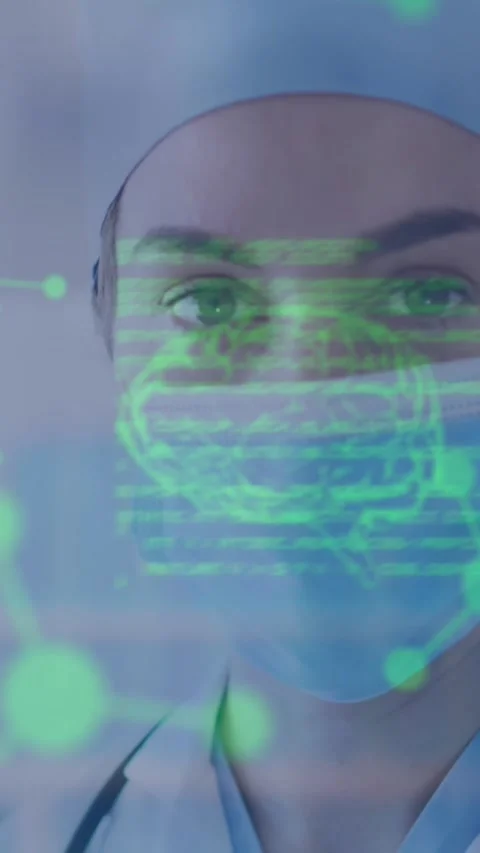 Animation of medical data processing against caucasian female surgeon in Stock Footage 344775175