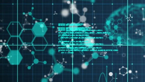 Animation of medical data processing, human brain rotating and chemical compound Stockbeeldmateriaal 146561583