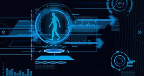 Animation of medical data processing with human model in blue scope scanning on Stock Illustration
