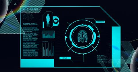 Animation of medical data processing with human model and lungs in scope Illustrazione stock