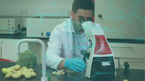 Animation of medical data processing over caucasian male scientist using Stock Footage 316039308