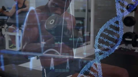 Animation of medical data processing over fit african american men Stock Footage 326094705