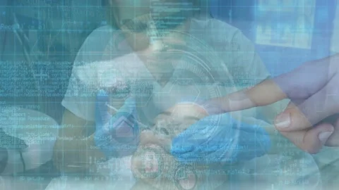 Animation of medical data processing over caucasian woman getting botox Stock Footage 329497409