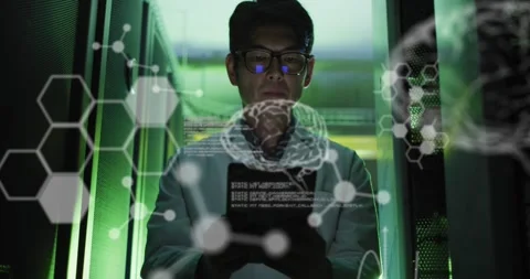 Animation of medical data processing over asian male engineer using digital Stock Footage 330052500