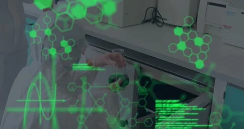 Animation of medical data processing over diverse scientists discussing over Stock Footage 330055280
