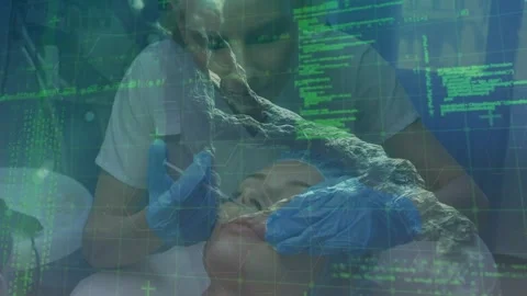 Animation of medical data processing over caucasian woman getting botox Stock Footage 330399742
