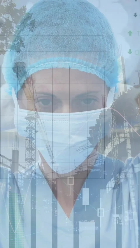 Animation of medical data processing over caucasian female surgeon in operating Stock Footage 342914883