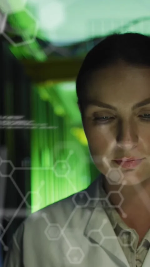 Animation of medical data processing over thoughtful caucasian female engineer Stock Footage 343615612