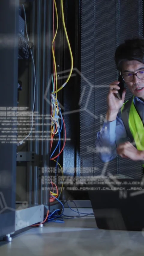 Animation of medical data processing over asian male engineer talking on Stock Footage 343682602