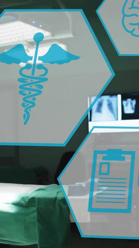 Animation of medical icons over empty operating room Stock Footage 343548153