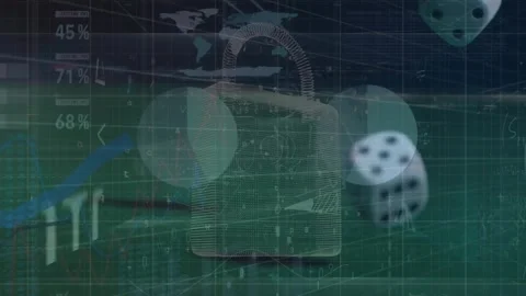 Animation merges finance data and dice on a digital padlock and table. Stock Footage 328243770