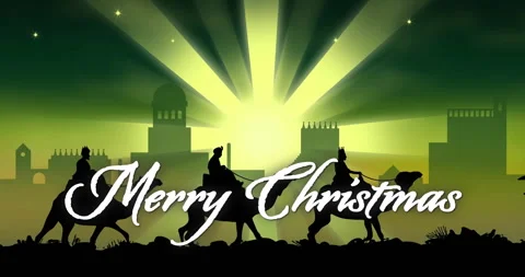 Animation of merry christmas text over christmas bethlehem on green background Stock Footage 309500585