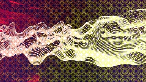 Animation of mesh and neon glowing light spots pattern moving over black Video stock 310530433
