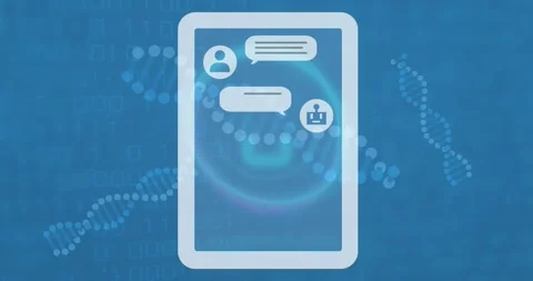 Animation of message and icons over digital tablet against dna helixes on binary Stock Footage 329292757