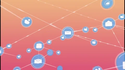 Animation of message and speech bubble icons connecting with lines over peach Stock Footage 327587076