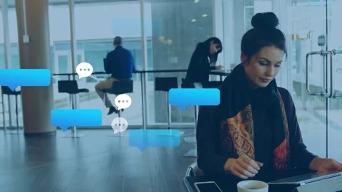 Animation of message and speech bubbles icons over caucasian woman using digital Stock Footage 329770656