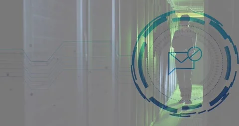 Animation message block icon against asian male engineer using laptop at Stock Footage 328709944