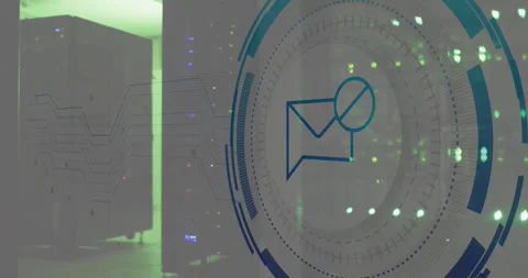 Animation of message block icon over round scanner and microprocessor 库存影片 329422525