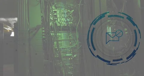 Animation of message block icon over round scanner against computer server room Stock Footage 330400301
