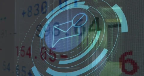 Animation of message block icon on round scanner, stock market data processing Vídeos de archivo 327846622