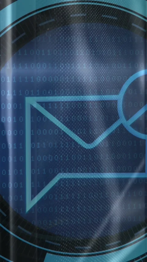 Animation of message block icon on round scanner and light spot against computer Stock Footage 342601172