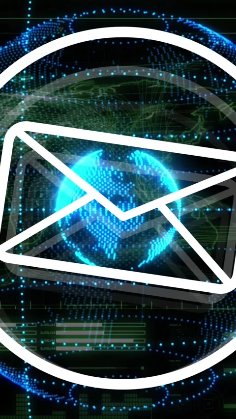 Animation of message icon over spinning globe against interface with world map Stock Footage 343955867