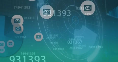 Animation of message icons and changing numbers with scanning circles on Stock Footage 246471867